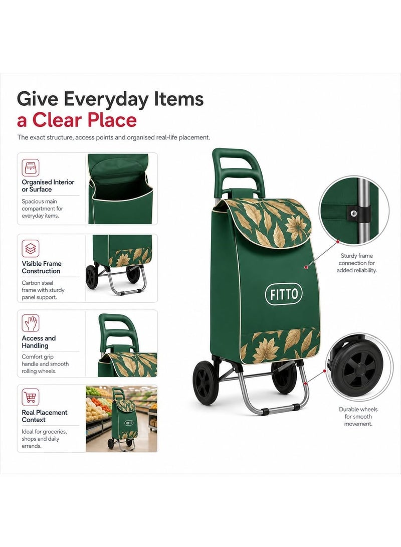 Shopping Trolley with Wheels, 36L, Green Leaf Design, Carbon Steel Frame - Image 3