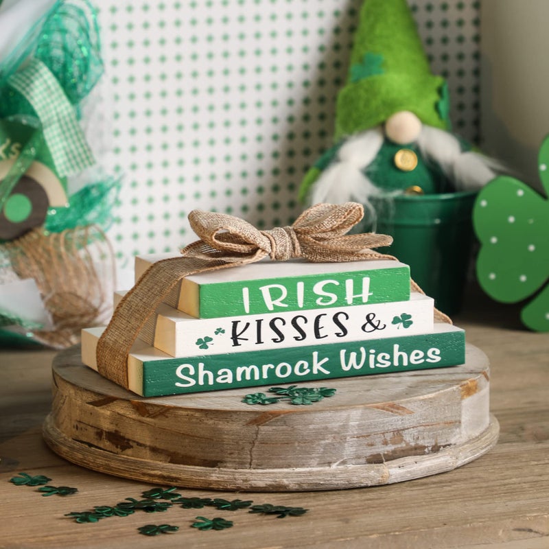 KORMMCO Valentine's Day Tiered Tray Decor Reversible Wooden Books Stack Mini Faux Book Decor Farmhouse Table Decor Bundle St. Patrick's Day Decor Shamrock Faux Bundle - Image 5