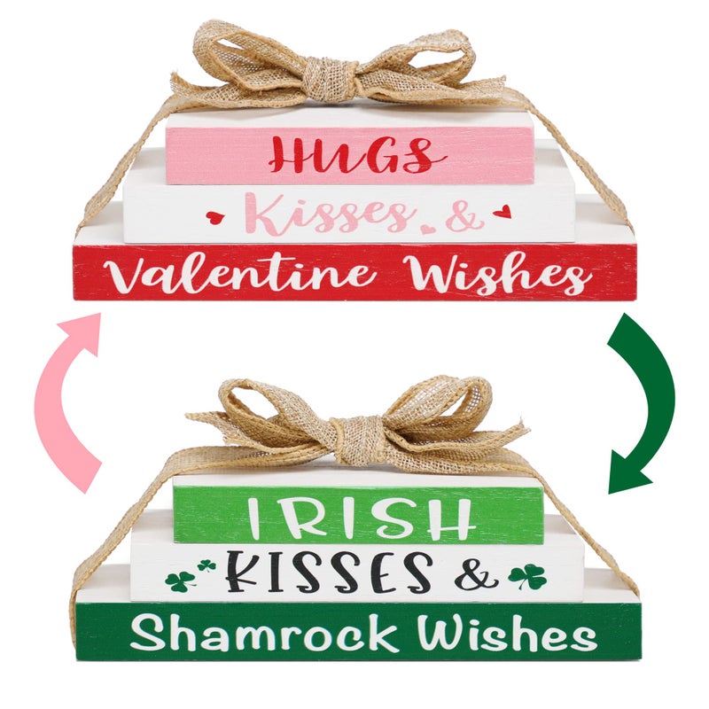 KORMMCO Valentine's Day Tiered Tray Decor Reversible Wooden Books Stack Mini Faux Book Decor Farmhouse Table Decor Bundle St. Patrick's Day Decor Shamrock Faux Bundle - Image 1