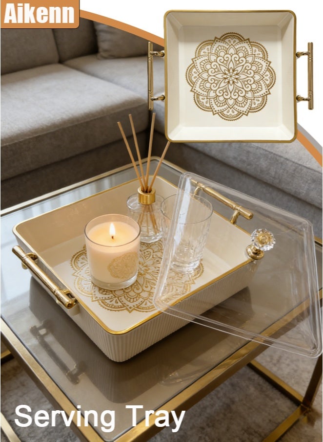 Serving Tray with Gold Handles and Clear Lid, Spill-Proof Tray, Decorative Serving Tray for Coffee Table, Tea, Storage Rectangular, Living Room, Bedroom, Ideal for Home & Outdoor Use/Square - Image 1