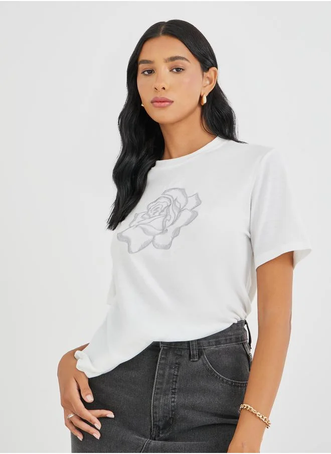ستايلي Styli Embroidered Round Neck T-Shirt