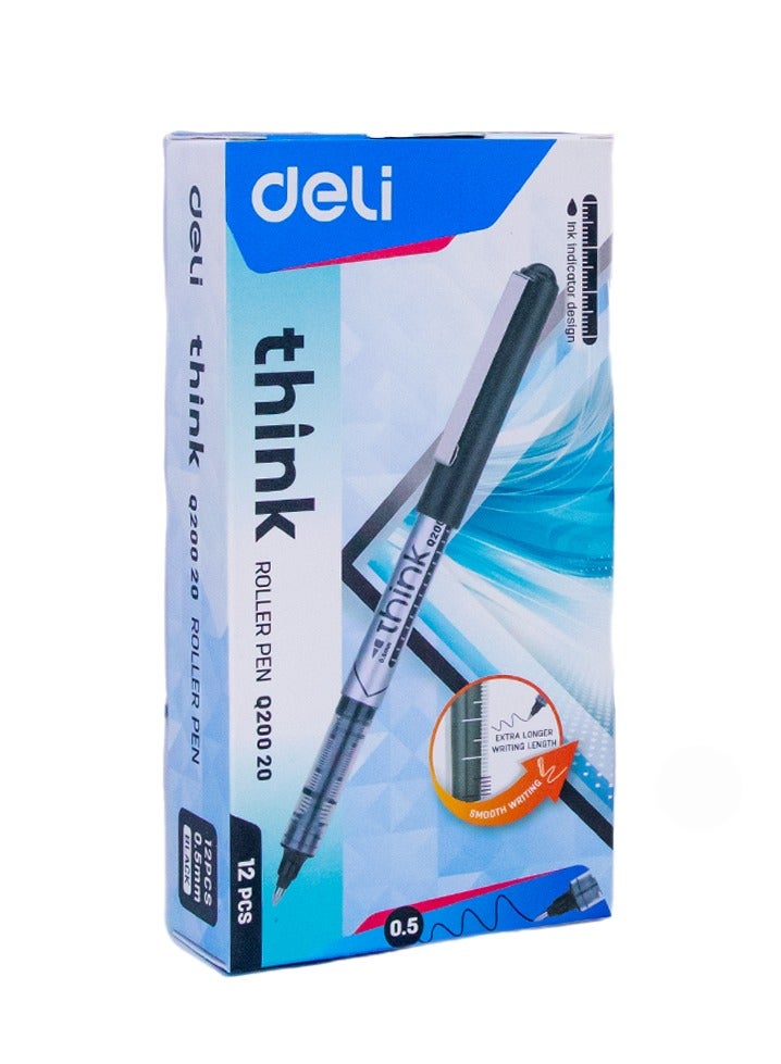 Deli Black Rollerball Pen 0.5mm , Non-Toxic , Smooth Writing for Note Taking , Journaling , Drawing , Pack of 12 Pens  - Image 1