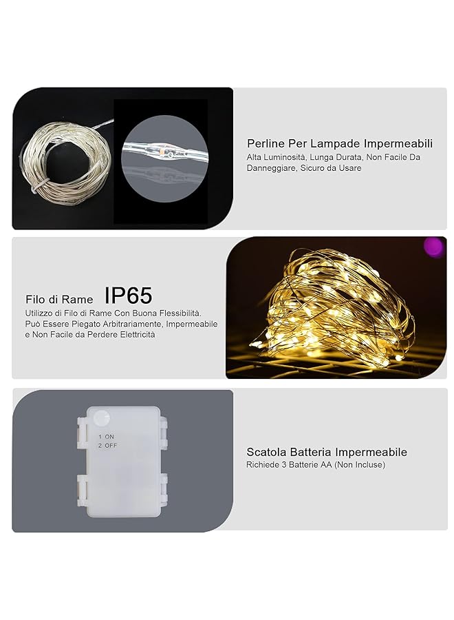 إيروريكس مجموعتان من مصابيح LED تعمل بالبطارية بطول 10 أمتار و100 مصباح LED على شكل كرة مقاومة للماء ومصابيح LED للديكور الخارجي باللون الأبيض الدافئ - Image 3