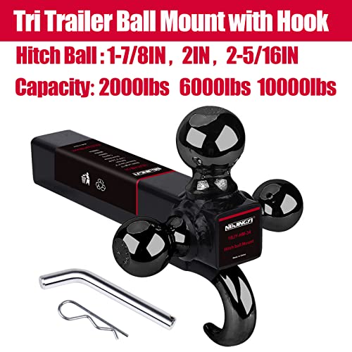 NBJINGYI 2" Trailer Hitch Tri Ball Mount with Hook 1-7/8", 2", 2-5/16" Black Plated Balls and Hook with Pin - Image 2