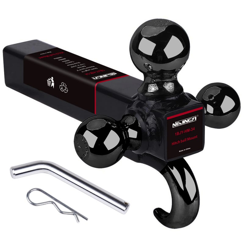 NBJINGYI 2" Trailer Hitch Tri Ball Mount with Hook 1-7/8", 2", 2-5/16" Black Plated Balls and Hook with Pin - Image 3