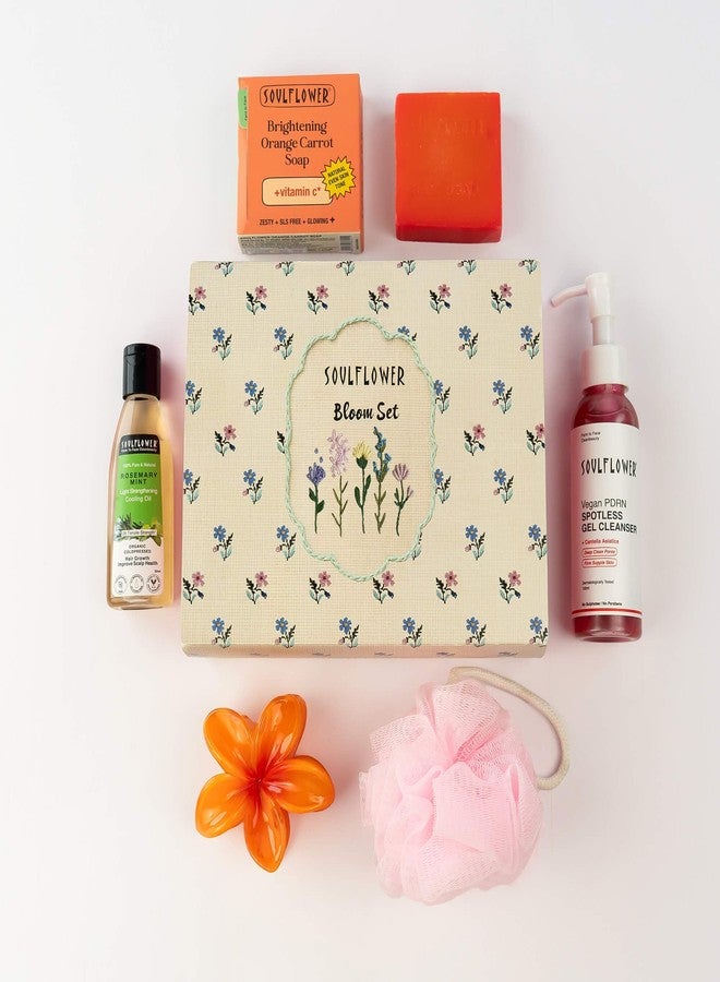 Soulflower Bloom Gift Set | 5-in-1 Self Care Gift Set for all Mother's with Hair Oil (50ml), Face Cleanser (100ml), Soap (100g), Body Scrub & Hair Clip | Skincare & Haircare Gift Hamper - Image 1