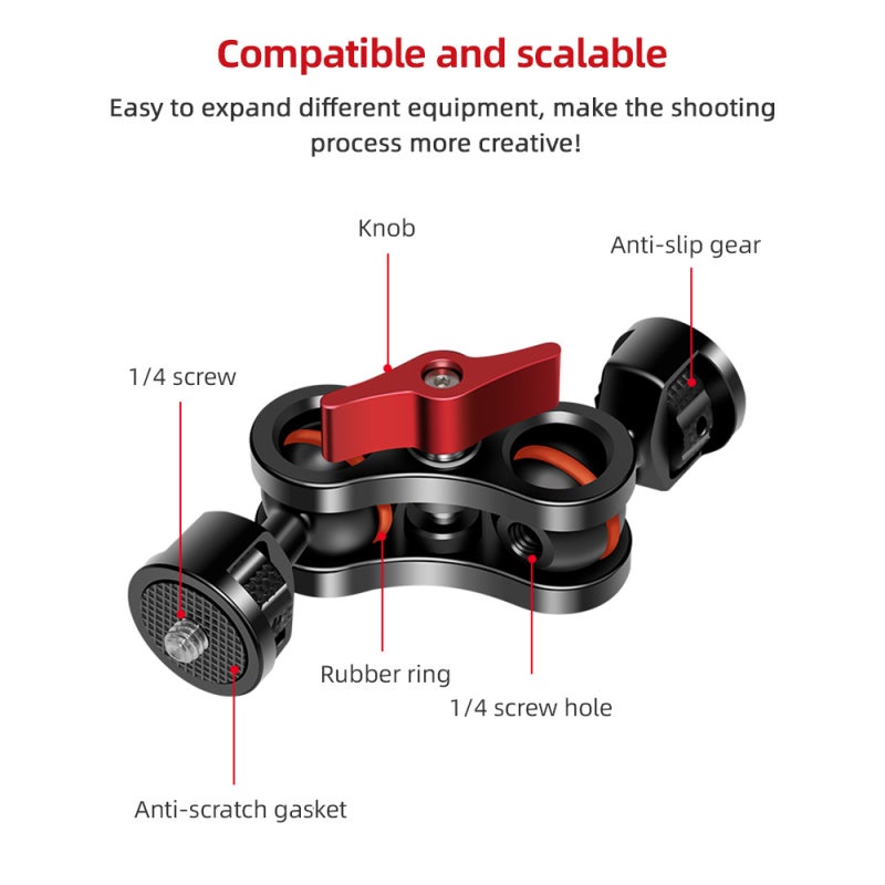 Magic Arm: Black Aluminum Alloy Dual 1/4 Inch Screws Double 360° Rotatable Ball Heads - Foldable Portable Camera Monitor Bracket for Camera Cage Video Recording Accessories - Image 5