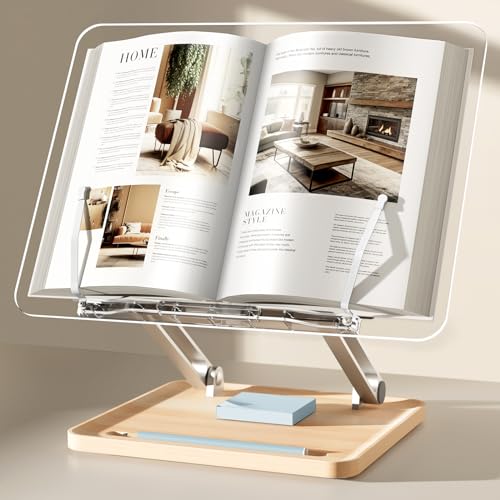 upergo Adjustable Acrylic Book Stand for Reading Book Holder with Pen Slot Foldable Desktop Riser for Laptop Recipe Textbook HandsFreeCookbook Stand Clear Design with Page Clips - Image 1