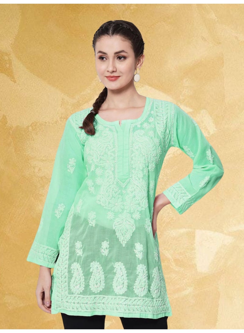 Alaya Hand Embroidered Chikankari Cotton Straight Kurti-AL3595 - Image 1