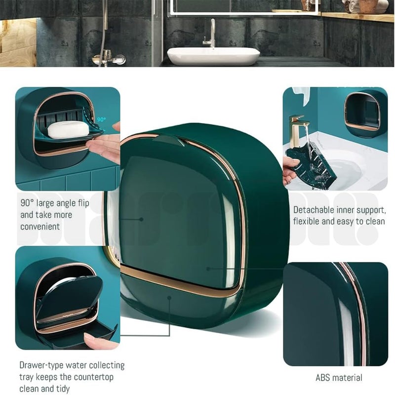 Marrone Waterproof Soap Dish with Drainage Box, Wall Mounted Draining Soap Dish, Self-Adhesive Soap Case Box, No-Drilling Soap Dish Holder for Bathroom (Dark Green) - Image 4