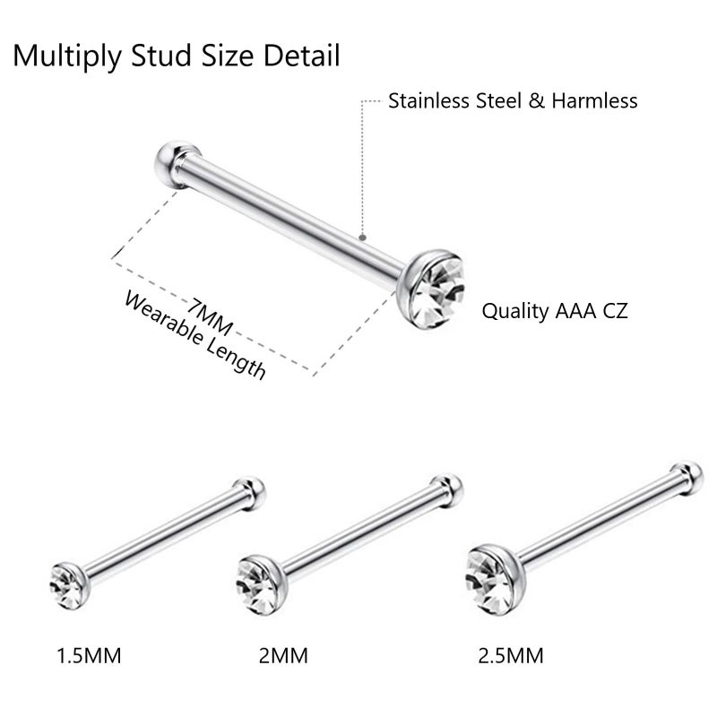 OMAIGAR Nose Rings Studs, Straight/L/Screw Shaped Nose Studs for Women Men, Surgical Stainless Steel Hypoallergenic Nose Piercing Jewelry 1.5/2/2.5mm Size Crystal and Ideal Gift, Metal, drusy quartz - Image 4