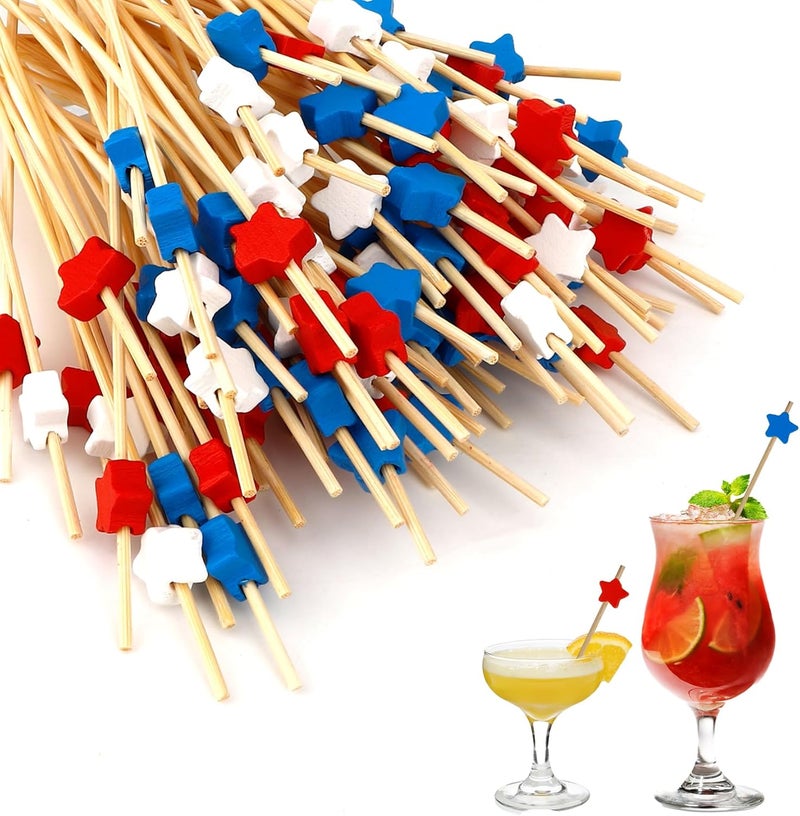 Leislam 4th of July Toothpicks, 200 PCS Red White and Blue Star Toothpicks for Appetizers, Bamboo Food Sandwich Skewers Drinks Patriotic Cocktail Picks for Fourth of July Independence Day Party Decorations - Image 1