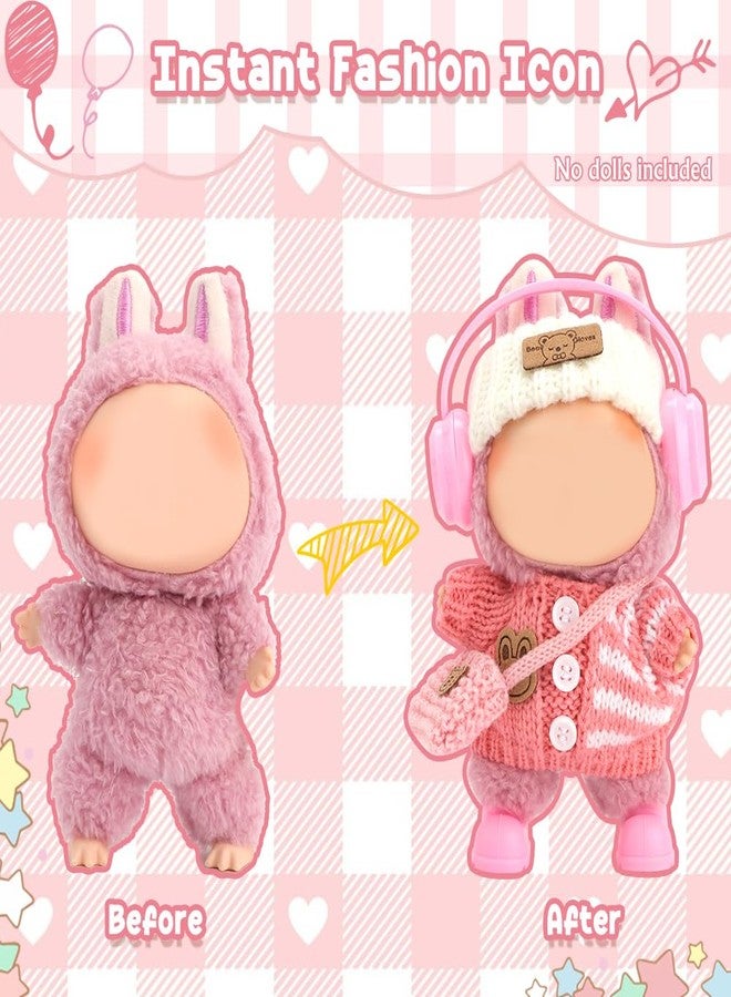 WALLFID Clothes for Labubu, 5-Piece Outfit Set for 17cm Dolls , Handcrafted Crochet Clothing with Knit Headband, Headphones, Sweater, Cute Doll Accessories (No Doll (Peach Pink) - Image 3