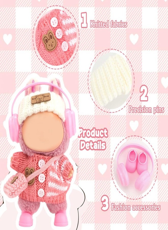 WALLFID Clothes for Labubu, 5-Piece Outfit Set for 17cm Dolls , Handcrafted Crochet Clothing with Knit Headband, Headphones, Sweater, Cute Doll Accessories (No Doll (Peach Pink) - Image 4