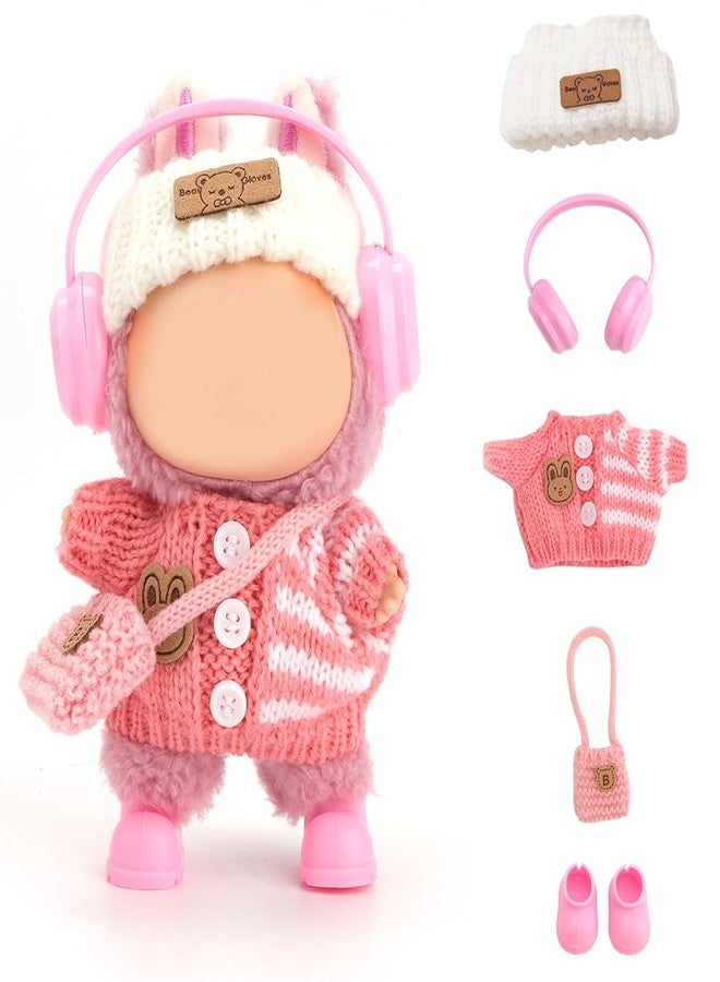 WALLFID Clothes for Labubu, 5-Piece Outfit Set for 17cm Dolls , Handcrafted Crochet Clothing with Knit Headband, Headphones, Sweater, Cute Doll Accessories (No Doll (Peach Pink) - Image 2