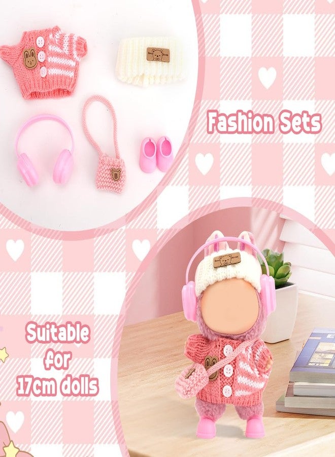 WALLFID Clothes for Labubu, 5-Piece Outfit Set for 17cm Dolls , Handcrafted Crochet Clothing with Knit Headband, Headphones, Sweater, Cute Doll Accessories (No Doll (Peach Pink) - Image 5