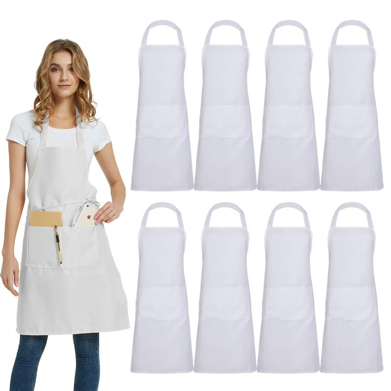 DUSKCOVE 8 Pack Bib Aprons Bulk  Unisex White Commercial Apron with 2 Pockets for Kitchen Crafting BBQ Drawing Cooking