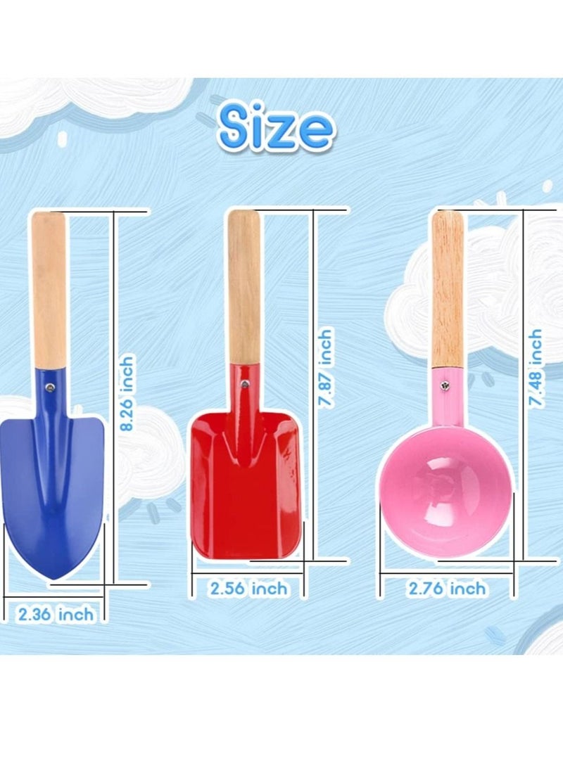 Beach Toy Set 6 Piece Kids Tools with Spoon Shovel Rake Fork Trowel Dirt Digging Toys Metal Wooden Handles for Children
