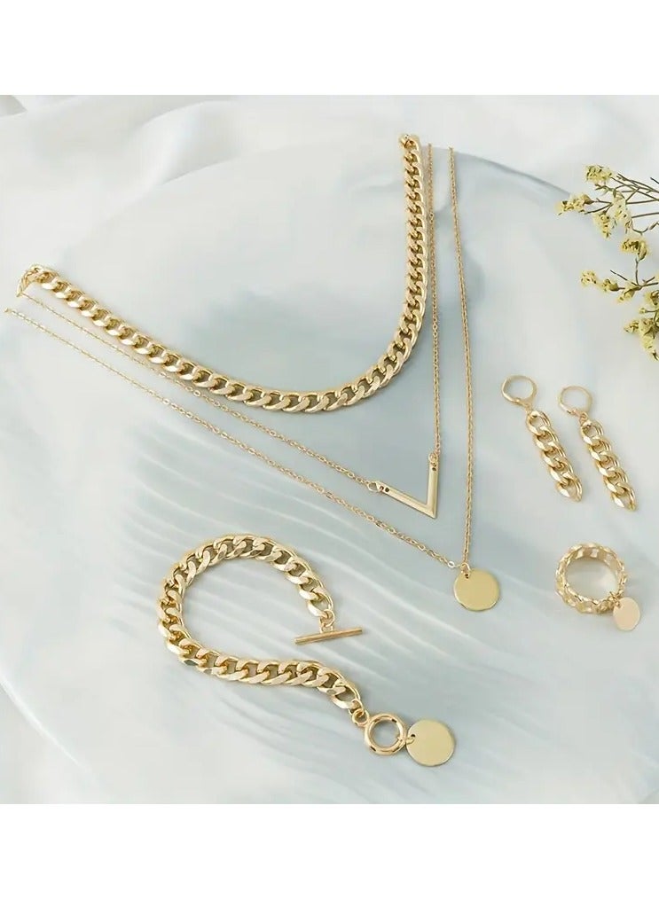 هوم كليرانس سايل 5pcs أقراط قلادة سوار بالإضافة إلى خاتم عصري سلسلة كوبية تصميم متعدد الطبقات قلادة مطابقة الملابس اليومية إكسسوارات الحفلات الأنثوية الرائعة - Image 1
