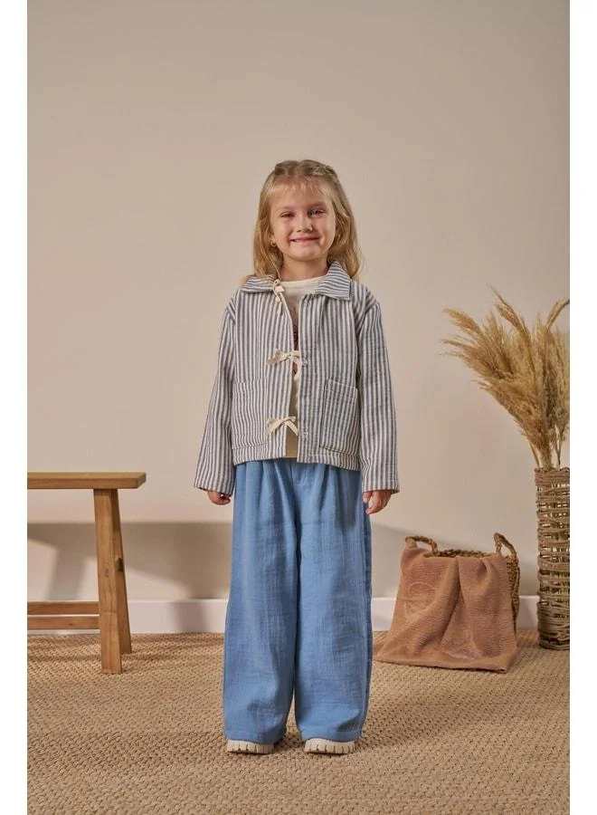 Magu Girls’ Cotton Blue Striped Holiday Set - Tie-Waist Pocketed Jacket and Wide-Leg Pants