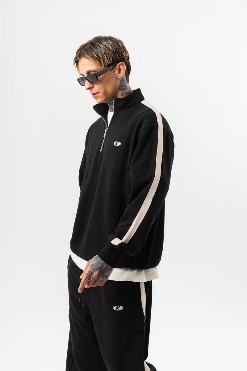 RESPIRE Men's Rough Stitch Detail Half-Zip Diagonel Sweatshirt Black