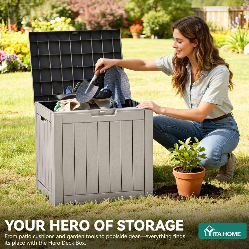 YITAHOME 31 Gallon Outdoor Storage Deck Box, Waterproof Resin Package Delivery and Storage Box with Lockable Lid for Patio Furniture Cushions, Pool Accessories, Garden Tools, Taupe - Image 2
