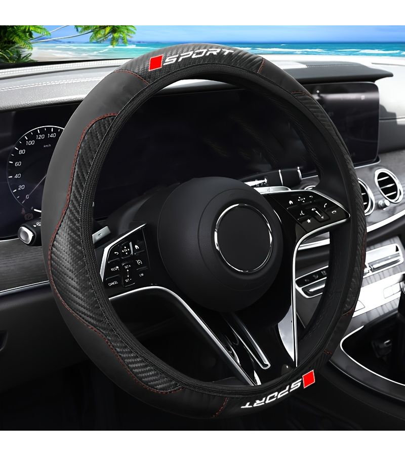 Beige Sport Style Carbon Fiber Steering Wheel Cover Non Slip Universal Fit Sedan SUV Comfort Easy Install - Image 3
