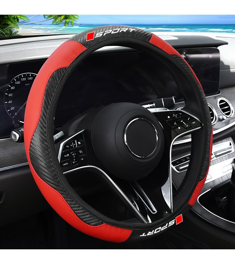 Beige Sport Style Carbon Fiber Steering Wheel Cover Non Slip Universal Fit Sedan SUV Comfort Easy Install - Image 1