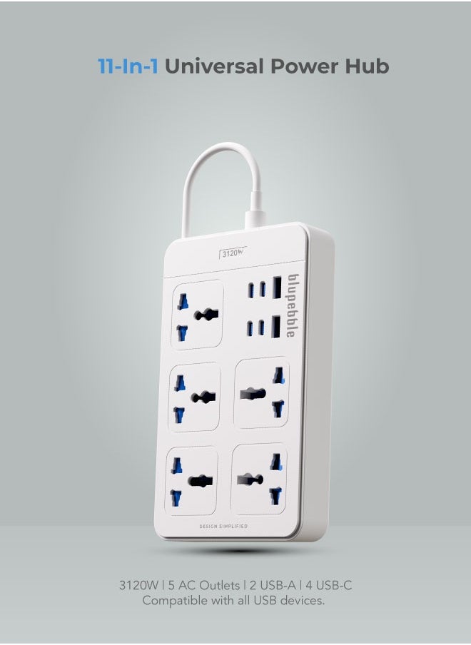 blupebble 11-in-1 Universal Power Hub with 5 AC Outlets, 4 USB-C, 2 USB-A, 3120W Surge Protector & 2M Cable – Multi-Port Extension Socket for Home & Office  - Image 2
