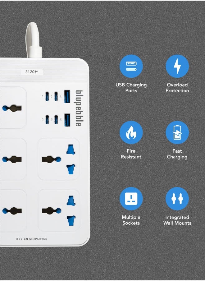 blupebble 11-in-1 Universal Power Hub with 5 AC Outlets, 4 USB-C, 2 USB-A, 3120W Surge Protector & 2M Cable – Multi-Port Extension Socket for Home & Office  - Image 5