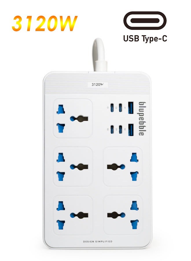 blupebble 11-in-1 Universal Power Hub with 5 AC Outlets, 4 USB-C, 2 USB-A, 3120W Surge Protector & 2M Cable – Multi-Port Extension Socket for Home & Office