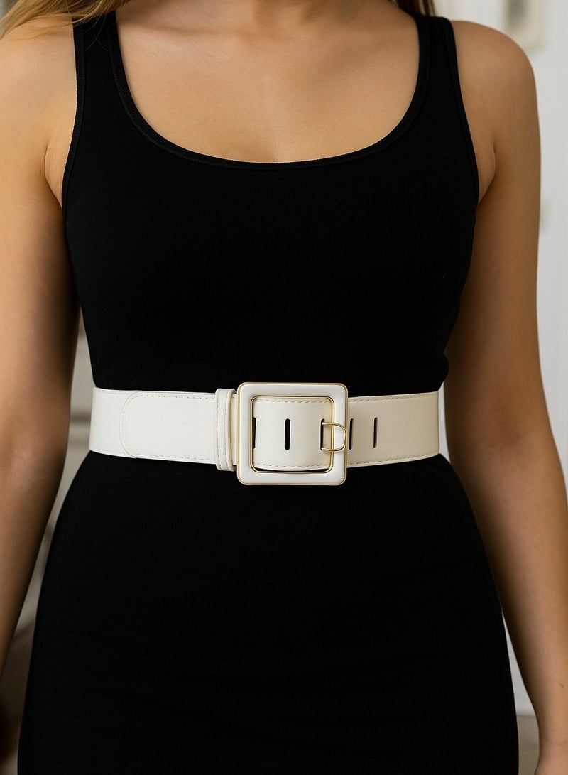 Vbranda Elegant Wide Belt with Square Buckle-T-25-WHITE  - Image 1