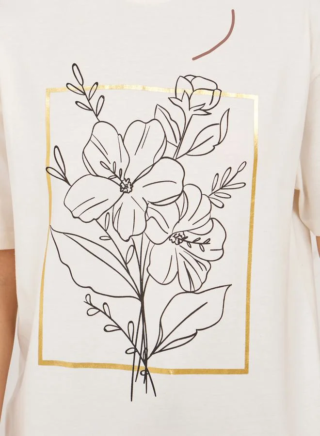 ستايلي Oversized Floral Foil Print Longline T-shirt