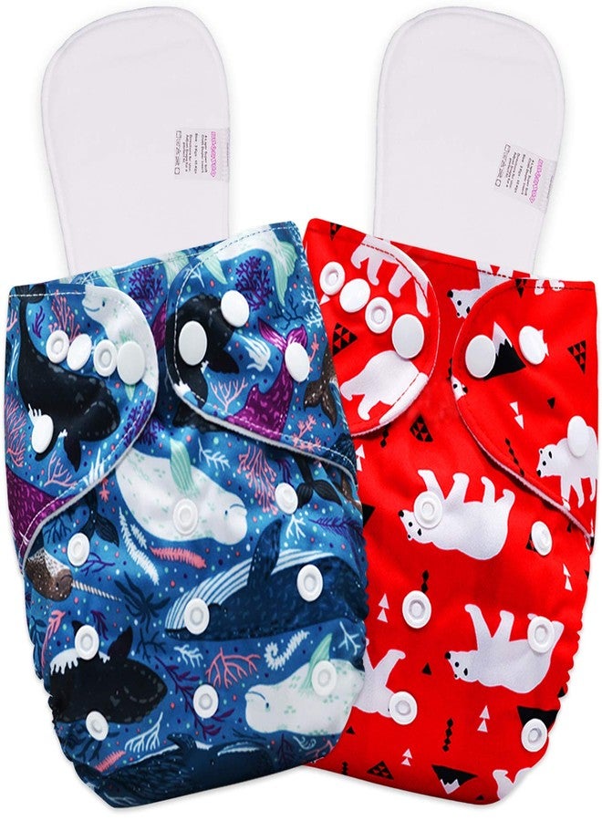Bembika Cloth Diapers for Babies, Washable Reusable, Adjustable Sizes (2 Combo) (2 Dry Feel Inserts Included) (Whale + Bear) - Image 1