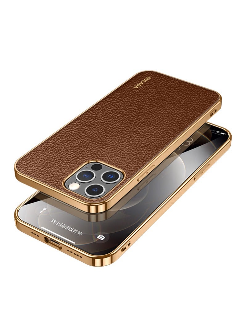 SULADA Case for Apple iPhone 15 Pro Max 6.7 inch Slim Luxury Business Style Retro Classic PU Electroplate Shiny Gold Frame Soft Hybrid Bumper Shockproof Cover Protective Cover Brown - Image 1