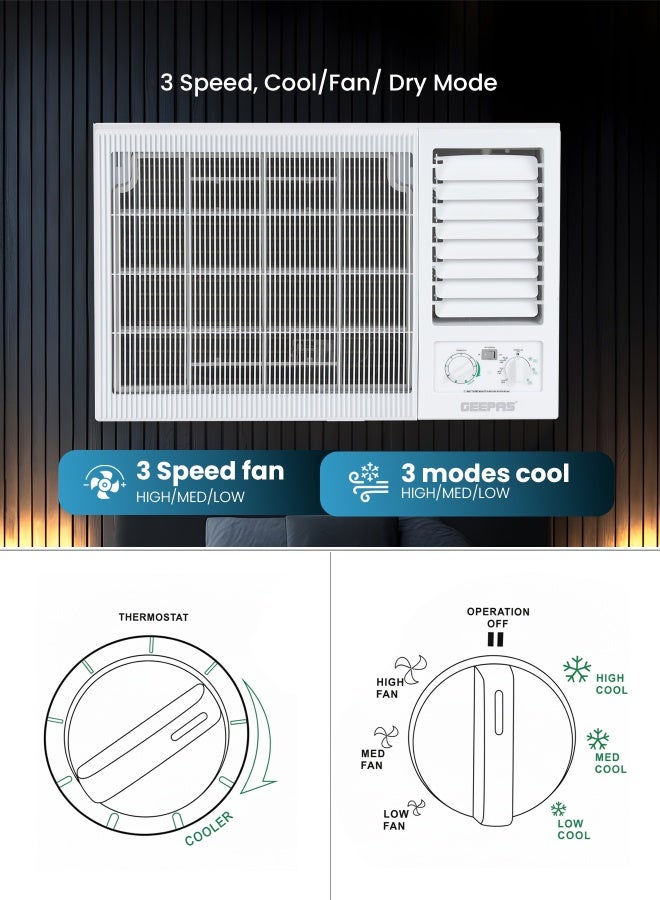 GEEPAS 1.5 Ton Window Air Conditioner| Washable Filter 18000BTU | 360 Air Delivery, Low Noise & Auto Restart | 3 Speed, Cool/Fan/ Dry Mode GACW1878TCU White - Image 4