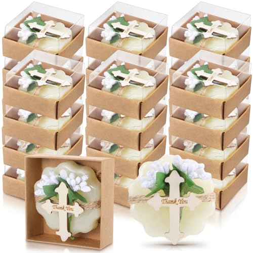 Heigble 24 Pcs Baptism Favors for Guests Scented Soap Favors First Communion Baby Shower Soap with Dried Flowers Thank You Wood Tags Baptism Bridal Birthday Gifts(White Color) - Image 1