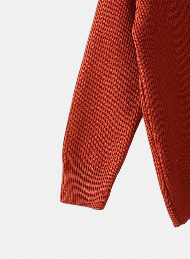 Andora V-Neck Knitted Plain Dark Orange Pullover_Dark Orange - Image 3