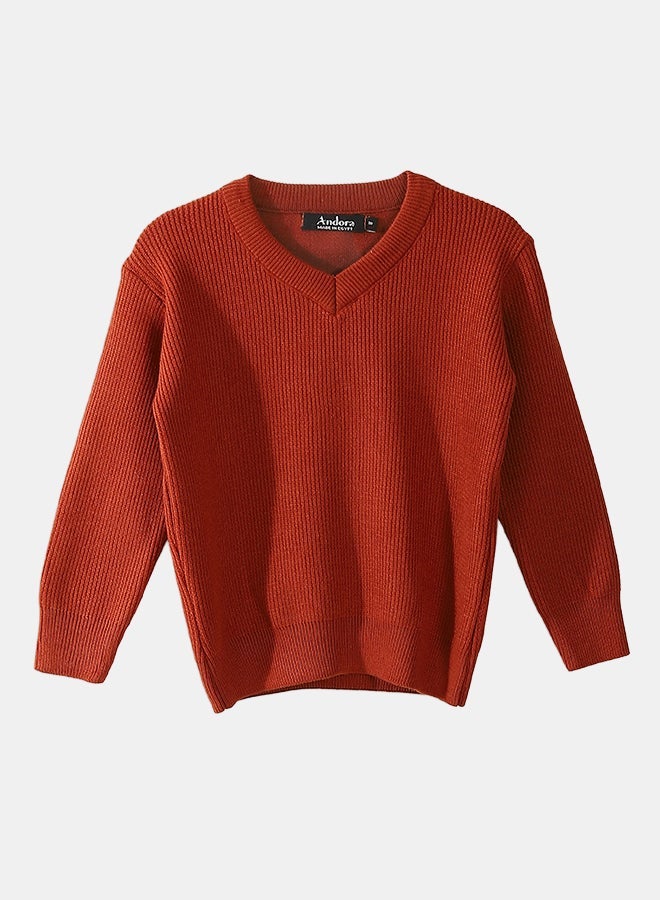 Andora V-Neck Knitted Plain Dark Orange Pullover_Dark Orange - Image 1