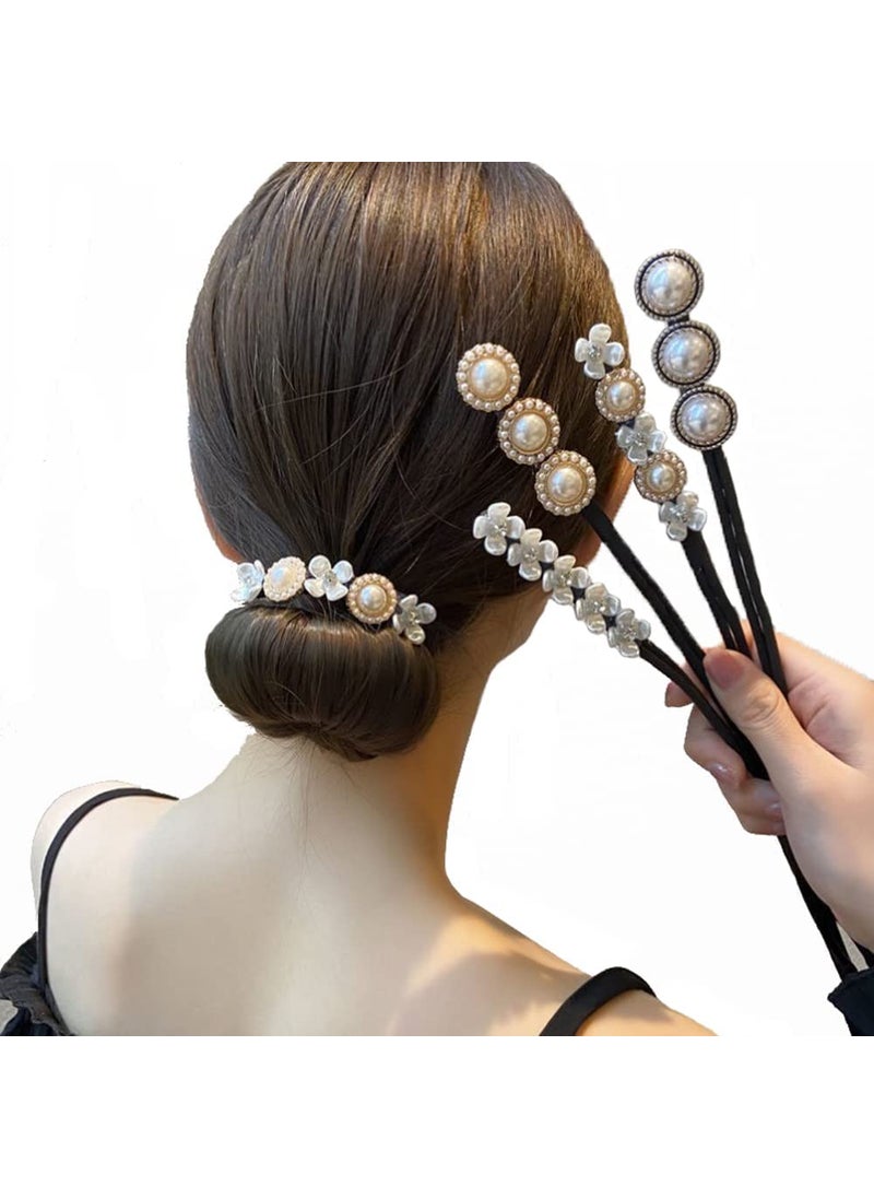 ericotry - 4Pcs Magic Hair Bun Maker Flower Hairpins Twist Curler DIY Hair Styling Tool with Pearls and Flowers for Fine Ladies and Girls - Image 1