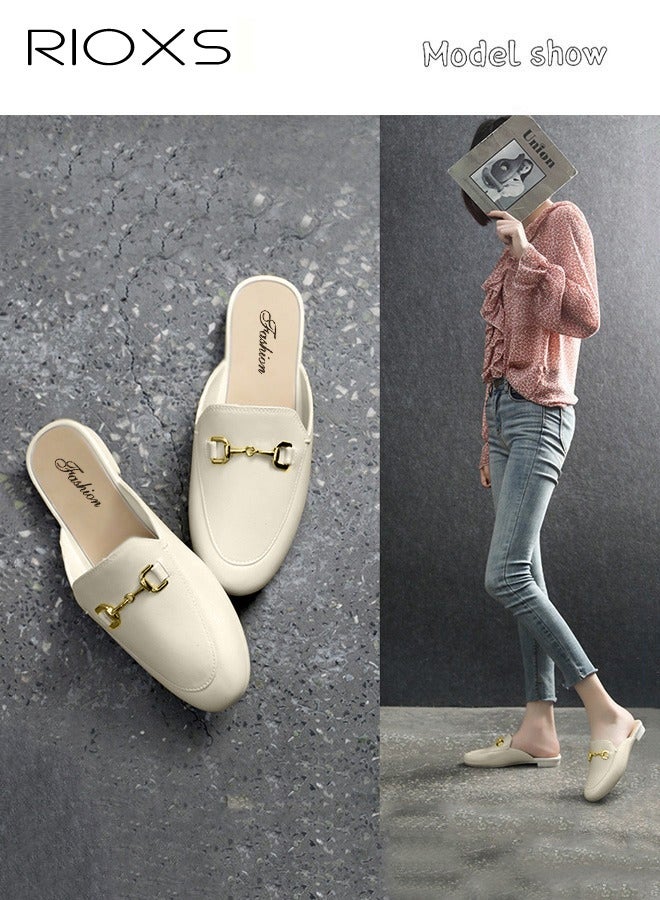 RIOXS Women's Buckle Flat Mules, Closed Toe Sandals, Fashionable Comfortable Slippers, Slip-On Backless Mule Shoes, Fashionable Mule Slides with Flexible Non-slip Sole, Easy to Wear On and Off, White Mules - Image 2