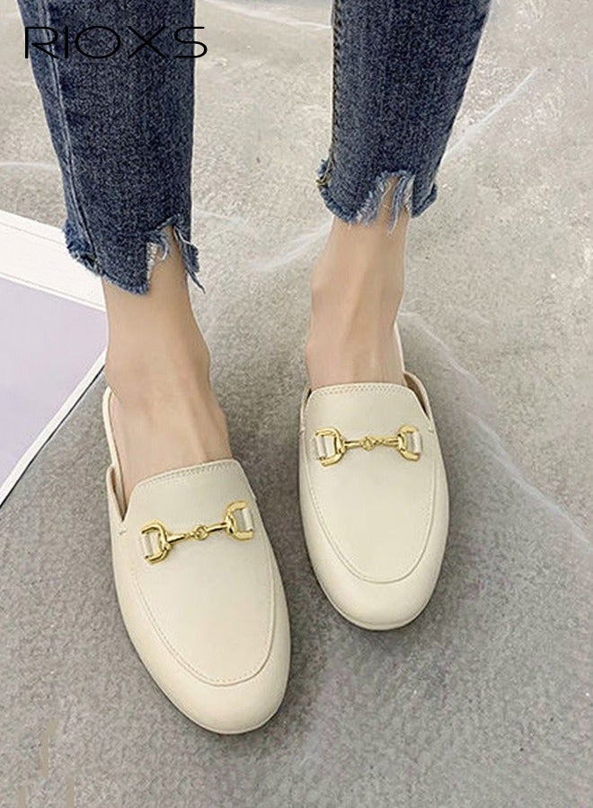 RIOXS Women's Buckle Flat Mules, Closed Toe Sandals, Fashionable Comfortable Slippers, Slip-On Backless Mule Shoes, Fashionable Mule Slides with Flexible Non-slip Sole, Easy to Wear On and Off, White Mules - Image 1