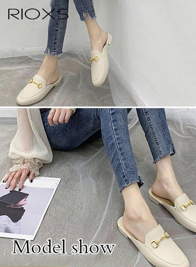 RIOXS Women's Buckle Flat Mules, Closed Toe Sandals, Fashionable Comfortable Slippers, Slip-On Backless Mule Shoes, Fashionable Mule Slides with Flexible Non-slip Sole, Easy to Wear On and Off, White Mules - Image 3