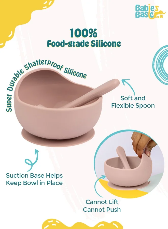 Babies Basic Feeding Set, 2 Pieces, Silicone Set For Self Feeding, Learning & Fine Motor Skills Soft, Easy To Grip Silicone Spoon , Strong Suction Silicone Bowl - Blush