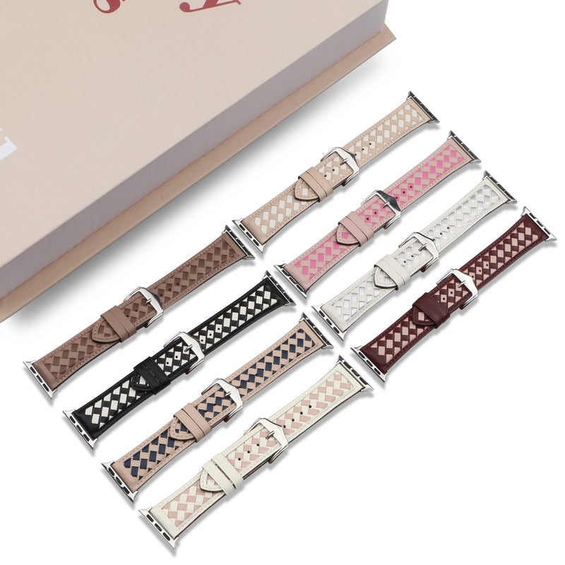 Braided Genuine Leather Watch Band for Apple Watch Series 9&8&7 41mm / SE 3&SE 2&6&SE&5&4 40mm / 3&2&1 38mm(Pink+Rose Red)