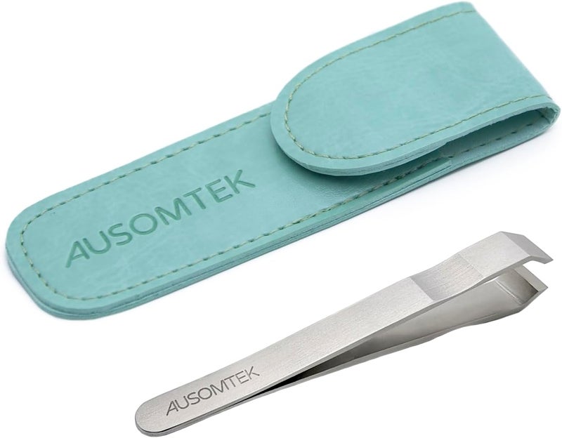 Beard Tweezers Hair Plucking Tweezers Fine Hair Removal Tweezers Eyebrows Tool Stainless Steel 10mm Tip AntiSlip Slot Design Cyan PU Case 1Pack