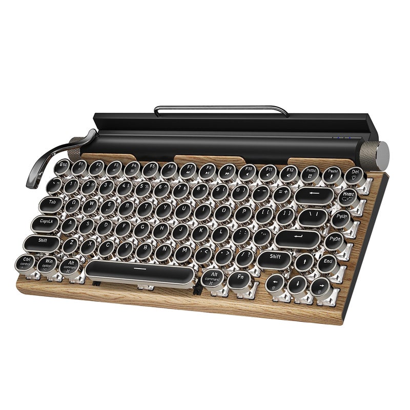 Taiahiro Retro Typewriter Wireless Mechanical Gaming Keyboard Bluetooth 50 Office Computer Vintage Keyboards 83Key Blue Switches Punk Round Keycap LED Backlight Compatible with PCLaptopPadPhone Wood - Image 2