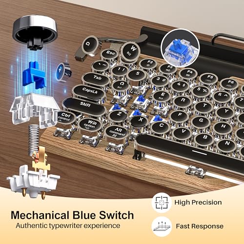 Taiahiro Retro Typewriter Wireless Mechanical Gaming Keyboard Bluetooth 50 Office Computer Vintage Keyboards 83Key Blue Switches Punk Round Keycap LED Backlight Compatible with PCLaptopPadPhone Wood - Image 3