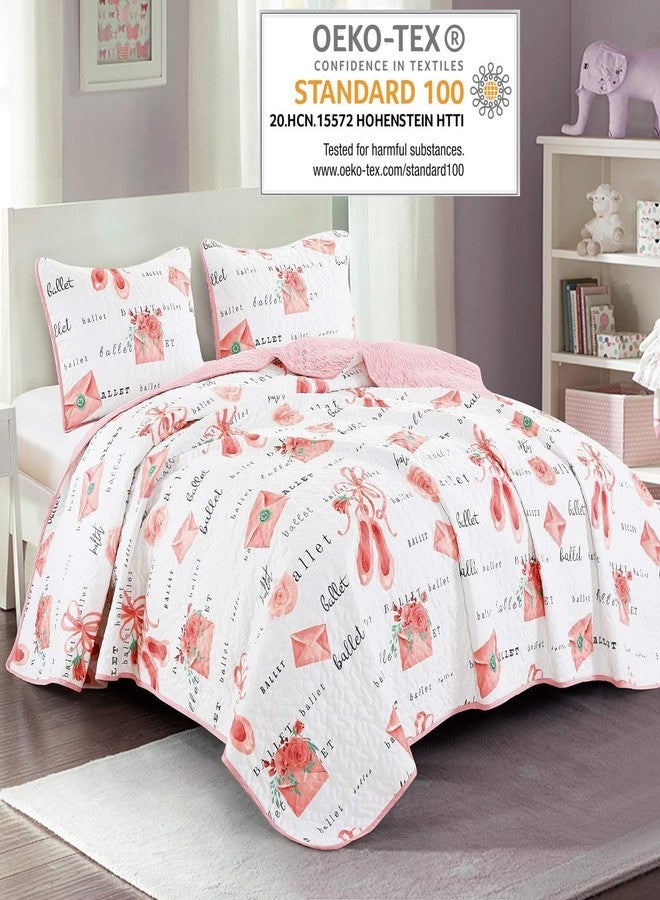 WPM WORLD PRODUCTS MART Pink White Ballet Theme Kids Quilt Set Full Size Princess Design Toddler Quilt for Toddler Bed Quilted Ballerina Style Bedspread Coverlet with Pillow Sham (Ballerina, Full) - Image 2