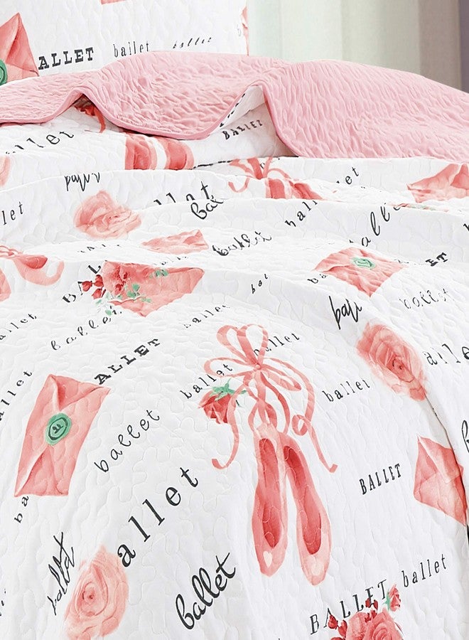 WPM WORLD PRODUCTS MART Pink White Ballet Theme Kids Quilt Set Full Size Princess Design Toddler Quilt for Toddler Bed Quilted Ballerina Style Bedspread Coverlet with Pillow Sham (Ballerina, Full) - Image 3